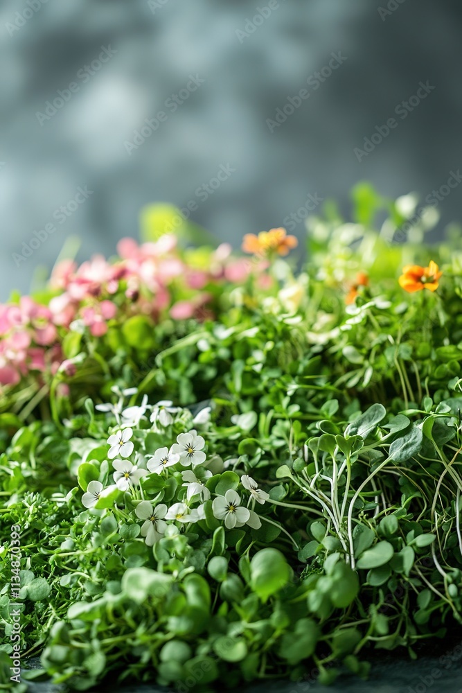 creative mix of microgreens and edible flowers shot in close detail under soft lighting creative mix of microgreens and edible flowers shot in close detail under soft lighting