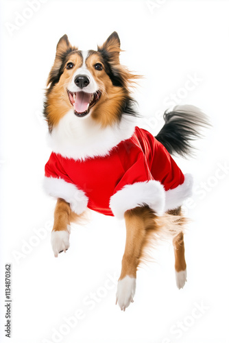 Full body shot of Collie dog, running happily, smiling. Wearing Christmas costume.