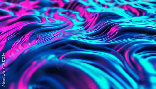 Abstract 3D rendering of flowing neon liquid, vibrant blue and pink colors, dynamic wave pattern. Perfect for futuristic, technology, or music backgrounds.