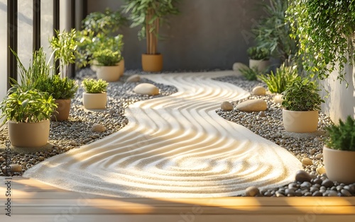 A serene indoor space featuring a sand pathway, plants, and pebbles for relaxation and mindfulness. photo
