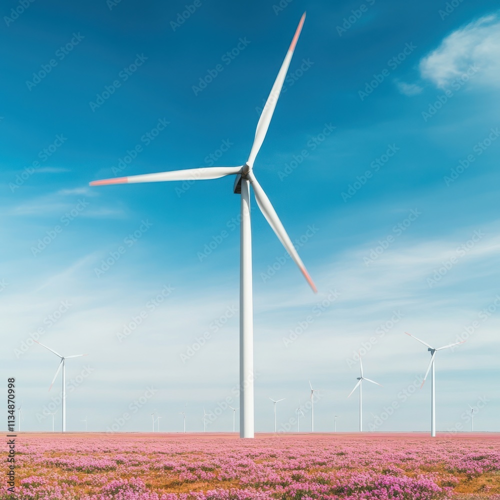 A stunning landscape featuring wind turbines in a vibrant pink flower field under a clear blue sky, showcasing renewable energy. A stunning landscape featuring wind turbines in a vibrant pink flower field under a clear blue sky, showcasing renewable energy.