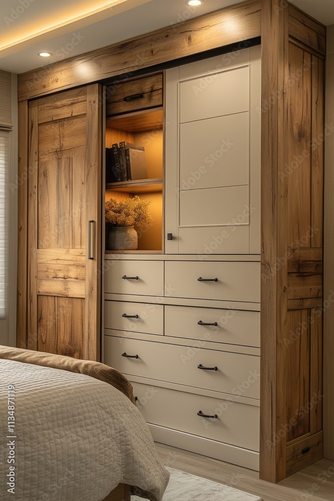 Modern bedroom built-in wardrobe with sliding door, drawers, and shelves, illuminated interior. Modern bedroom built-in wardrobe with sliding door, drawers, and shelves, illuminated interior.