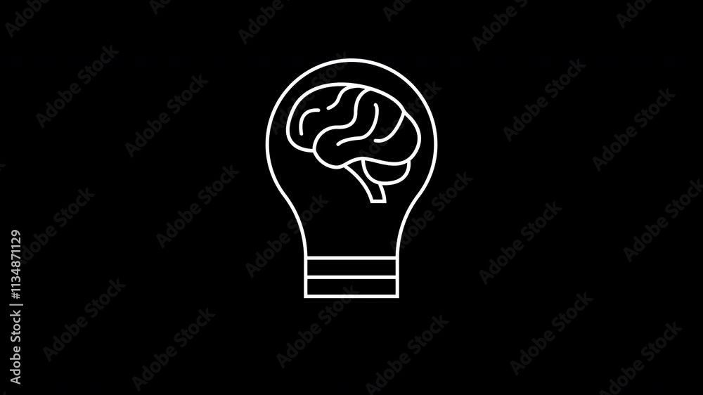 White line of light bulb with brain icon on black background. Motion graphic animation in 4k. White line of light bulb with brain icon on black background. Motion graphic animation in 4k.