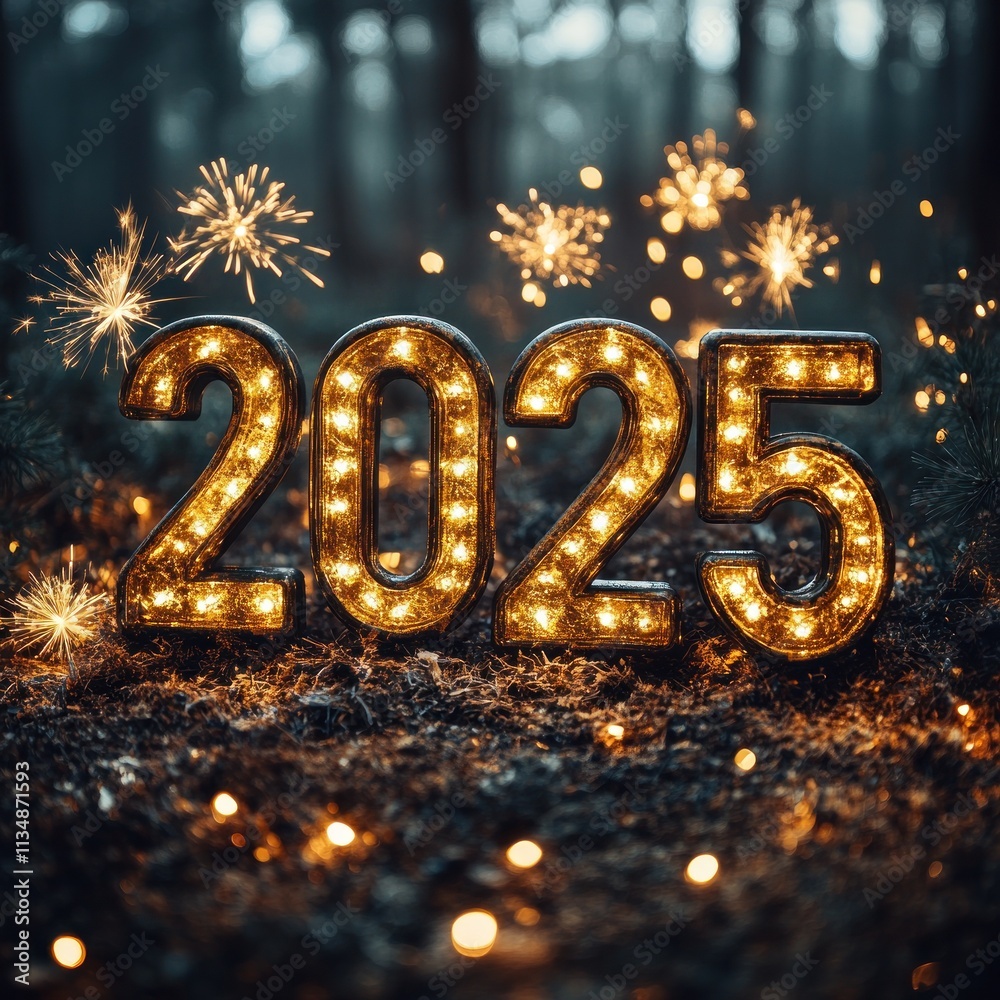 Illuminated 2025 digits in a forest setting with sparklers. Illuminated 2025 digits in a forest setting with sparklers.