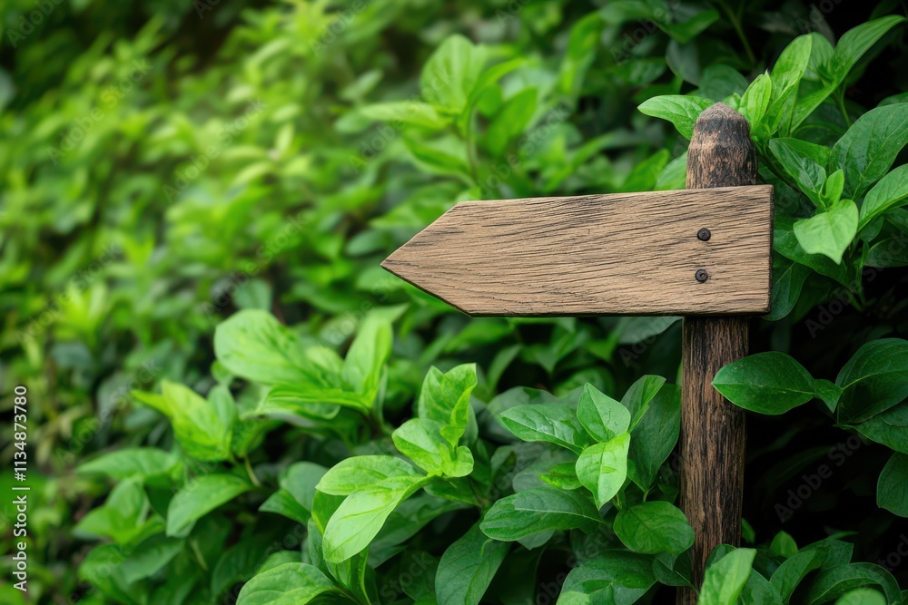 Wooden Arrow Signpost in Lush Green Foliage Nature Trail Direction Guidance Blank Sign