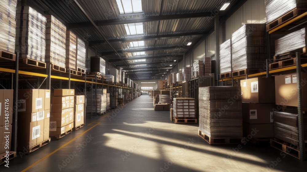 Brightly lit warehouse aisle with rows of stacked pallets and boxes, showcasing the large, organized interior. Brightly lit warehouse aisle with rows of stacked pallets and boxes, showcasing the large, organized interior.