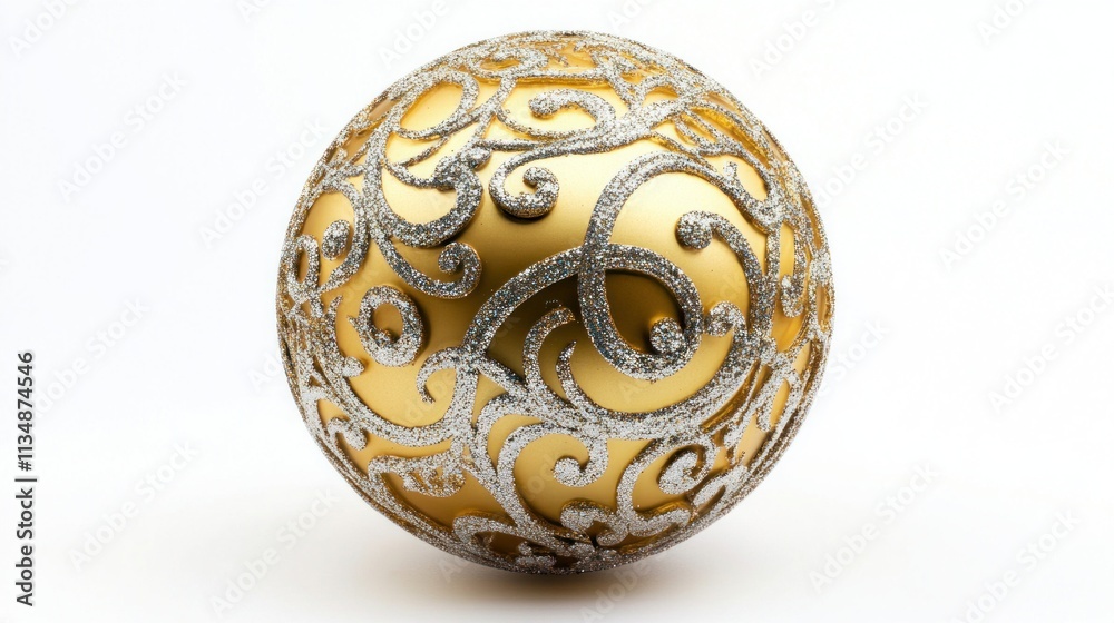 Bright golden Christmas ball with silver glitter accents, embossed patterns, and a glowing surface, isolated on a white background. Bright golden Christmas ball with silver glitter accents, embossed patterns, and a glowing surface, isolated on a white background.