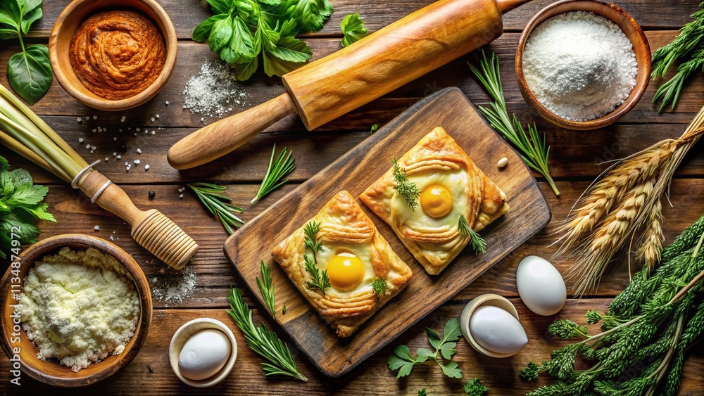 Delicious Puff Pastry on a Rustic Wooden Table Surrounded by Fresh Ingredients and Kitchen Utensils, Perfect for Food Photography and Culinary Inspiration Delicious Puff Pastry on a Rustic Wooden Table Surrounded by Fresh Ingredients and Kitchen Utensils, Perfect for Food Photography and Culinary Inspiration