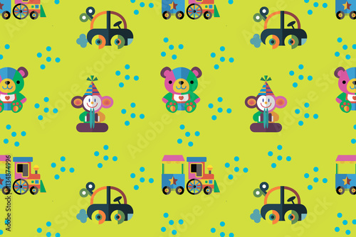 Seamless pattern. Children toys. Background. Illustration. Flyer background design, advertising background, fabric, clothes, texture, textile pattern photo