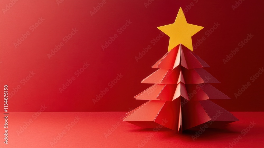 Fototapeta premium Vibrant Red Christmas Tree with Yellow Star on a Bold Red Background