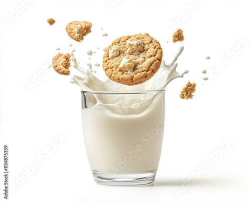 milk cookies floating in the air, above a glass of white milk splashing with cream on top, isolated on a transparent background photo