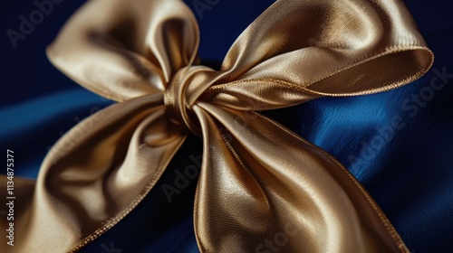 A close-up of a polished gold bow with a sleek, shiny ribbon, beautifully contrasted against a deep royal blue background, exuding luxury and sophistication.