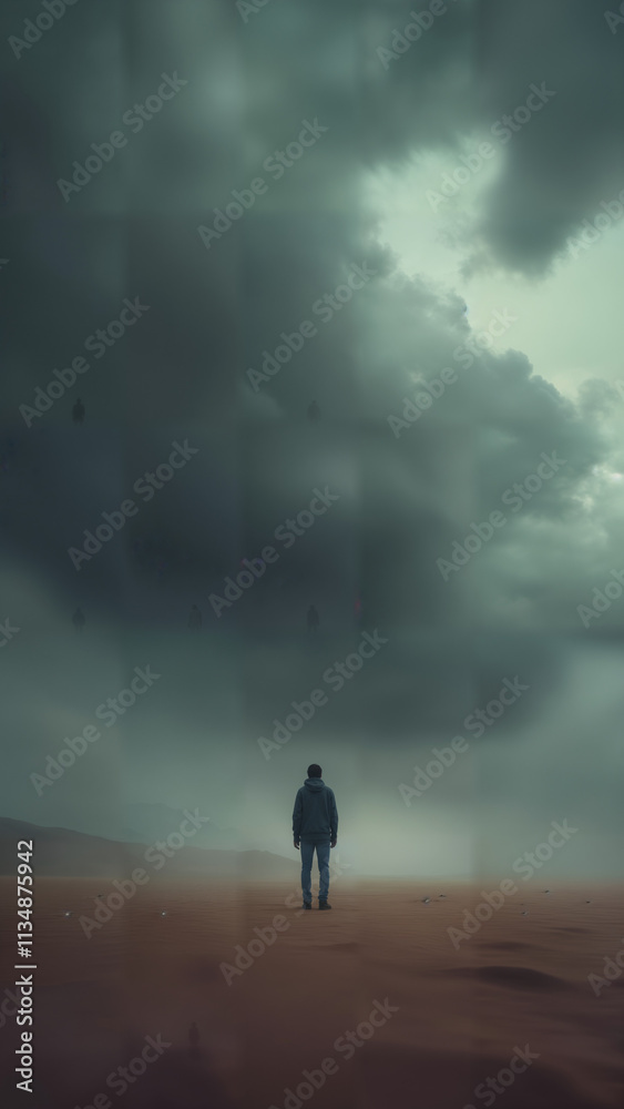 Solitary Figure in a Desert Under a Stormy Sky Solitary Figure in a Desert Under a Stormy Sky