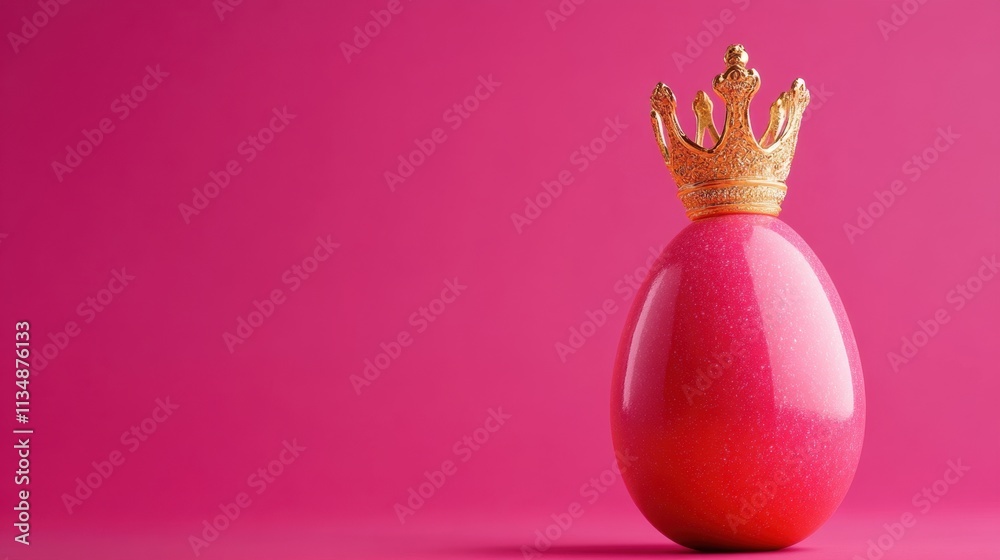 Pink Egg with Golden Crown on Vivid Pink Background Pink Egg with Golden Crown on Vivid Pink Background