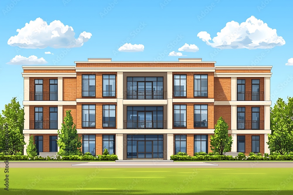 illustration of a modern apartment building with a lawn and trees illustration of a modern apartment building with a lawn and trees