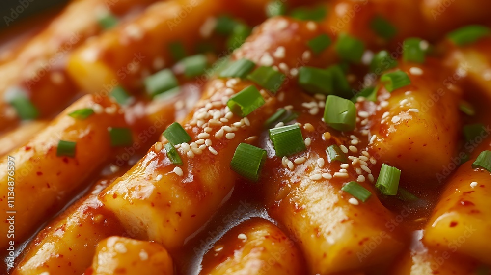 Close-up of spicy rice cakes garnished with green onions and sesame seeds in a rich sauce. Close-up of spicy rice cakes garnished with green onions and sesame seeds in a rich sauce.