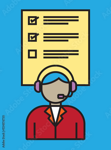 Vector illustration of a customer support representative wearing a headset with a checklist, symbolizing service, productivity, and task management in a clean and modern design.