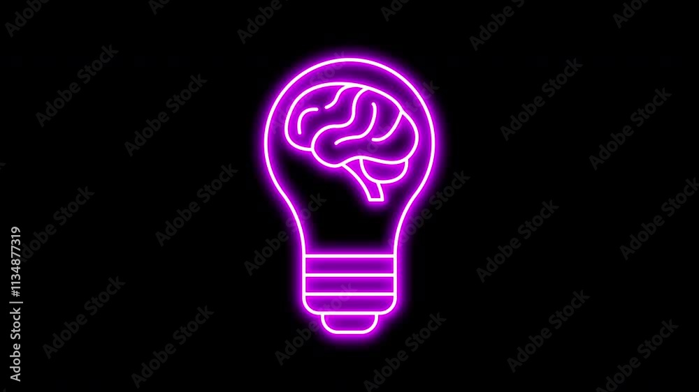 Purple glowing neon line of light bulb with brain icon on black background. Motion graphic Purple glowing neon line of light bulb with brain icon on black background. Motion graphic