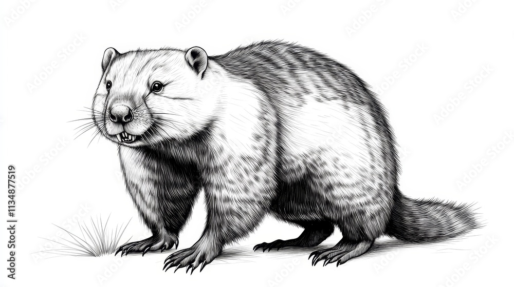 Fototapeta premium Marmot Sketch Isolated on White - Detailed sketch of a marmot, showcasing its fur texture, powerful stance, and alert expression. Symbolizing resilience, wildlife, nature, strength, and wilderness.