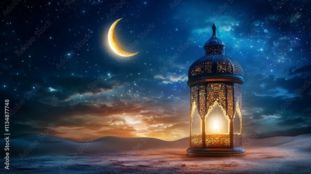 A beautifully ornate lantern glowing warmly under a crescent moon in a peaceful desert night setting. The scene evokes a sense of calm, wonder, and mysticism beneath the starry sky.. AI Generation A beautifully ornate lantern glowing warmly under a crescent moon in a peaceful desert night setting. The scene evokes a sense of calm, wonder, and mysticism beneath the starry sky.. AI Generation