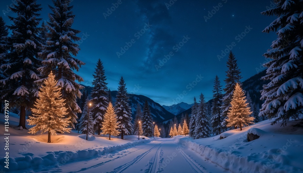 The image portrays a snow-covered road at night, flanked by pine trees that are covered with snow and adorned with golden lights. The illuminated Christmas trees create a festive and magical atmospher The image portrays a snow-covered road at night, flanked by pine trees that are covered with snow and adorned with golden lights. The illuminated Christmas trees create a festive and magical atmospher