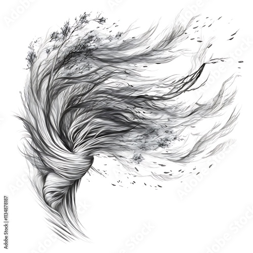 a black and white drawing of a woman s hair blowing in the wind