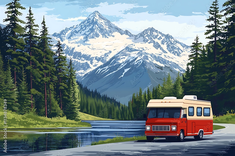there is a red bus driving down the road near a lake there is a red bus driving down the road near a lake
