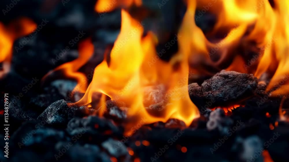 Glowing Orange Flames Over Charcoal Stones in Close-Up View Glowing Orange Flames Over Charcoal Stones in Close-Up View