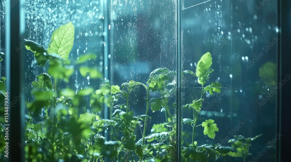 Fototapeta premium Vibrant green plants growing in a modern indoor farm, illuminated by advanced lighting for tech skills training in sustainable agriculture.
