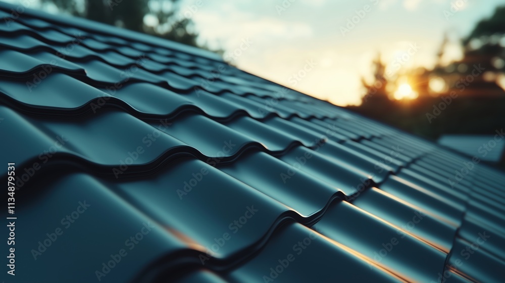 Fototapeta premium Metal roof tiles with sunset reflection. Modern construction concept
