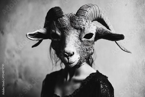 Woman wearing a goat mask in artistic black and white portrait photo