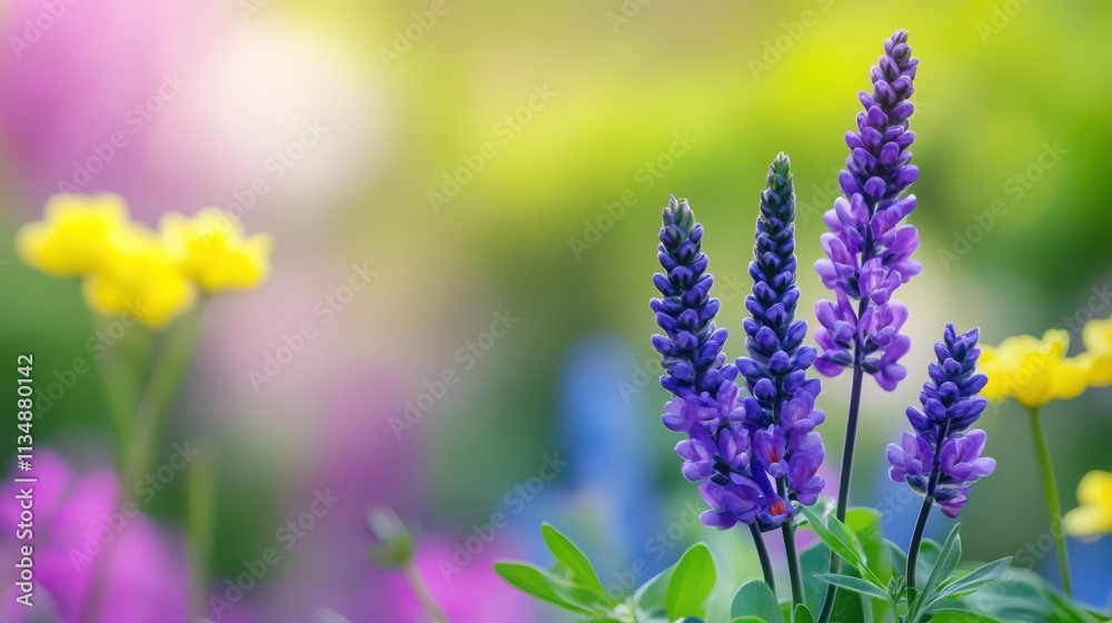 Obraz premium Vibrant Spring Flowers Purple Yellow Blossoms in a Garden