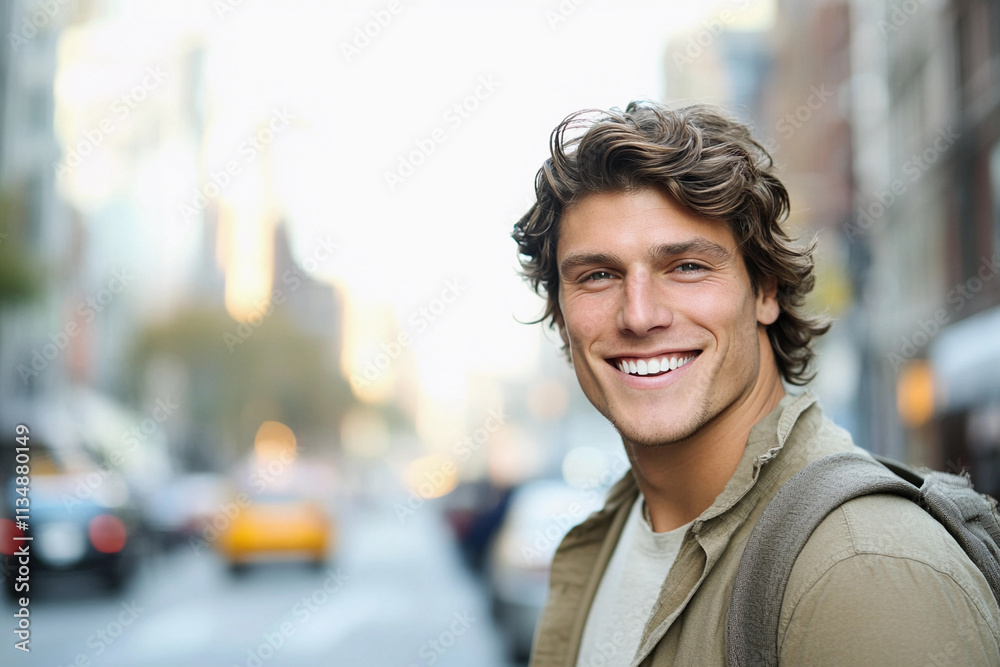 Fototapeta premium Smiling man walks through urban street on a sunny day