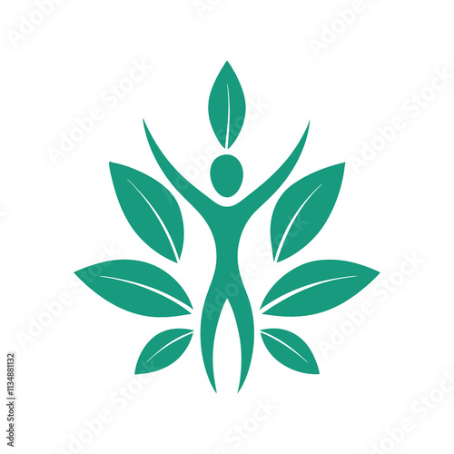 Green logo design of a person and leaves, symbolizing health and wellness. photo