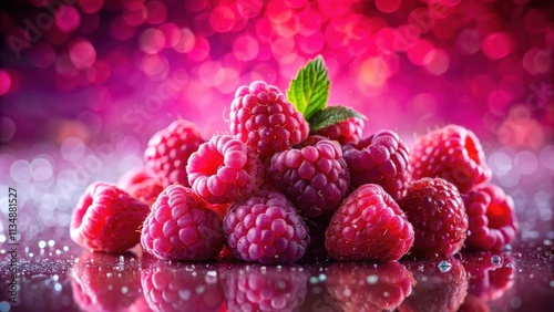 A cluster of plump, ruby-red raspberries rests on a glistening, mirrored surface, their vibrant hue accentuated by a soft, bokeh-filled pink background.