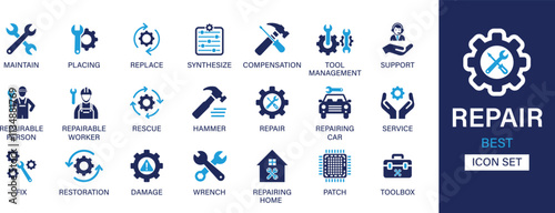 Repair icon set collection. Maintain, placing, replace, synthesize, compensation, support, repairable person, hammer, service and best solid icon set.
