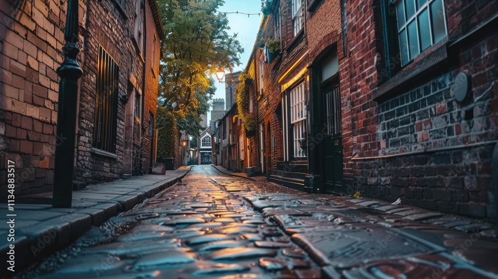 Fototapeta premium A cobbled street between houses in the evening