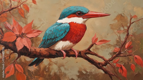 Vibrant White-throated Kingfisher perched on a branch with autumn leaves in a serene natural setting photo