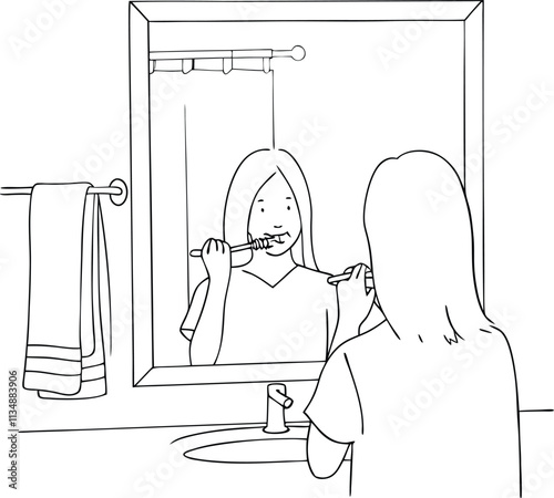 A Girl Is Brushing Her Teeth In Front Of A Mirror Continuous One Line Art Drawing Illustration