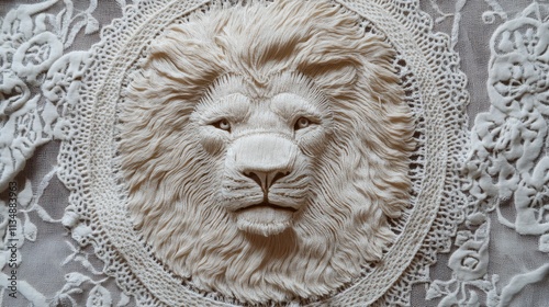 Handcrafted bobbin lace featuring intricate lion design crafted from natural cotton showcasing textile artistry and cultural heritage
