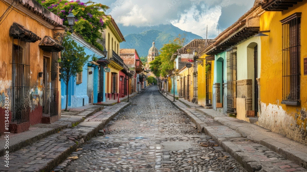 A cobblestone street with buildings on both sides A cobblestone street with buildings on both sides