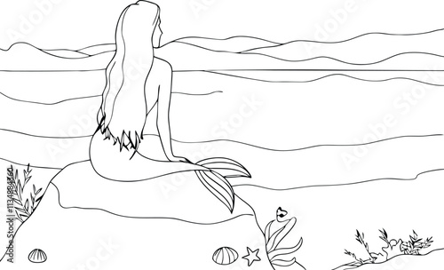 Mermaid Sitting On Rock Nearby The Sea Continuous One Line Art Drawing Illustration Editable Stroke photo