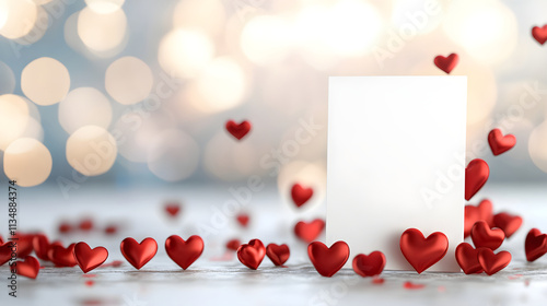 Empty blank paper on white background with red valentine hearts around. Festive romantic and love concept. Valentines or anniversary day background for greeting card, banner with copy space..