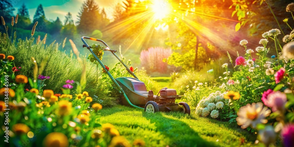 Obraz premium Double Exposure of a Gardener Mowing Grass in a Sunny Summer Garden, Blending Nature with Lawn Care in a Serene Outdoor Setting for Gardening Enthusiasts and Landscapers