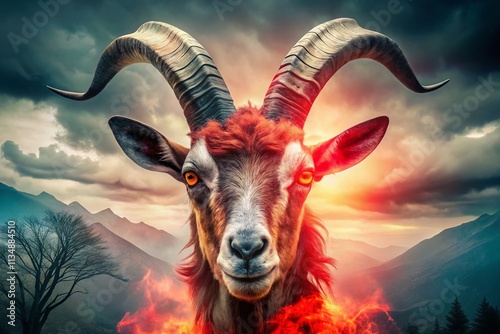 Double Exposure of a Goat with a Red Skull and Black Horns Merging into a Mystical Landscape Symbolizing Nature's Darker Side and the Balance of Life and Death photo