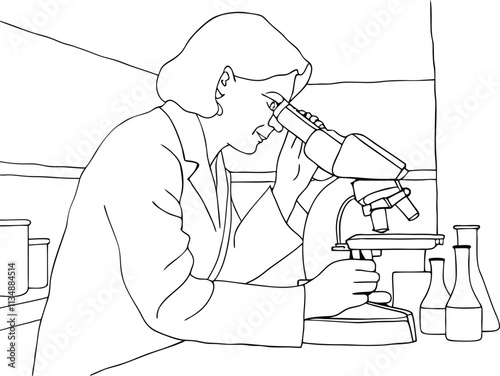 A Scientist Looking Through A Microscope Continuous One Line Art Drawing Illustration. World Laboratory Day.