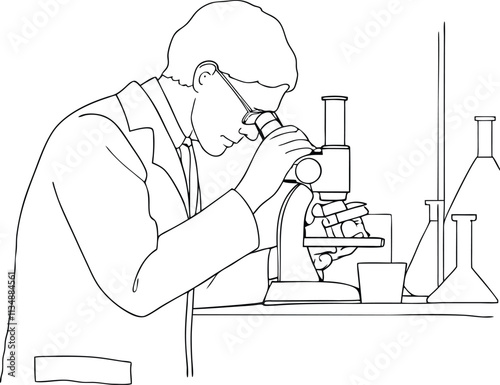 A Scientist Looking Through A Microscope Continuous One Line Art Drawing Illustration. World Laboratory Day.