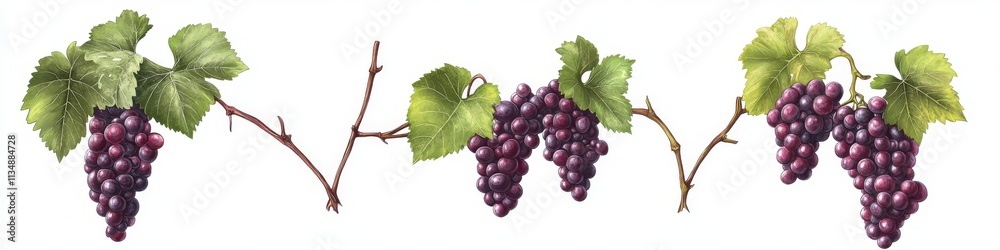 Vector illustrations of grape vine with leaves, bunch and flowers in hand-drawn style. Vector illustrations of grape vine with leaves, bunch and flowers in hand-drawn style.