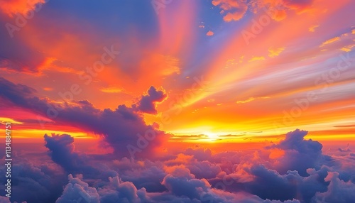 Vibrant sunset over cloudy horizon natural landscape photography serene atmosphere aerial perspective inspirational beauty photo