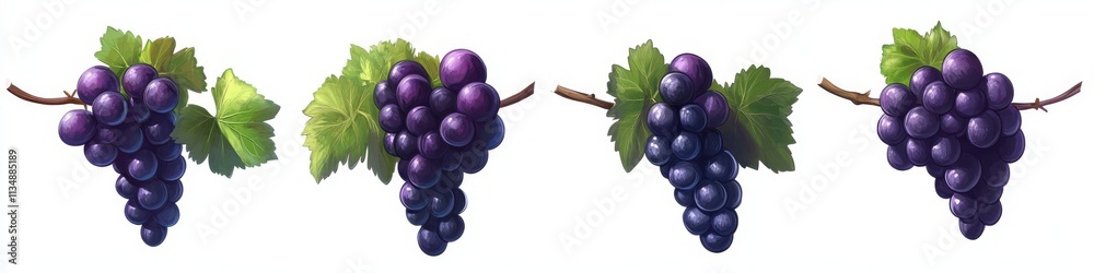Fototapeta premium Vector illustrations of purple grapes with green leaves on vine in different angles.